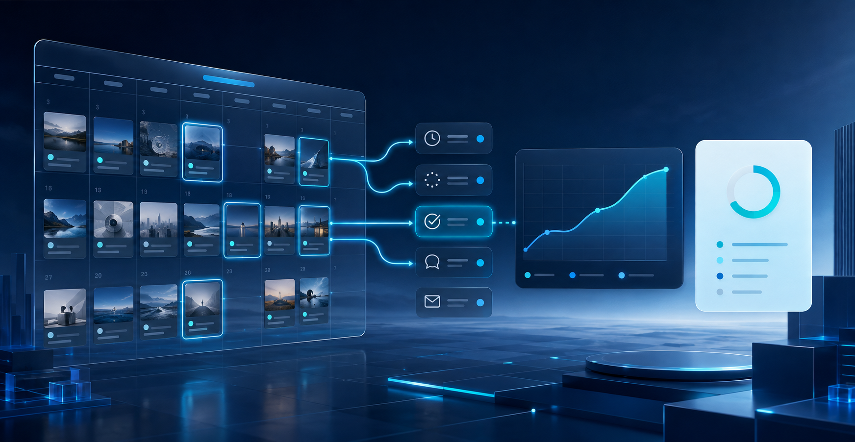 A content calendar feeding publishing statuses, an engagement trend chart and a summary report